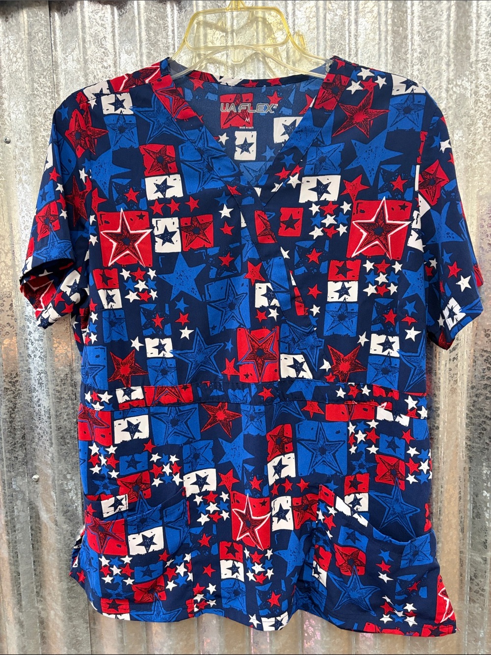 Women’s Red, Blue & White Star Print V-Neck Scrub Top